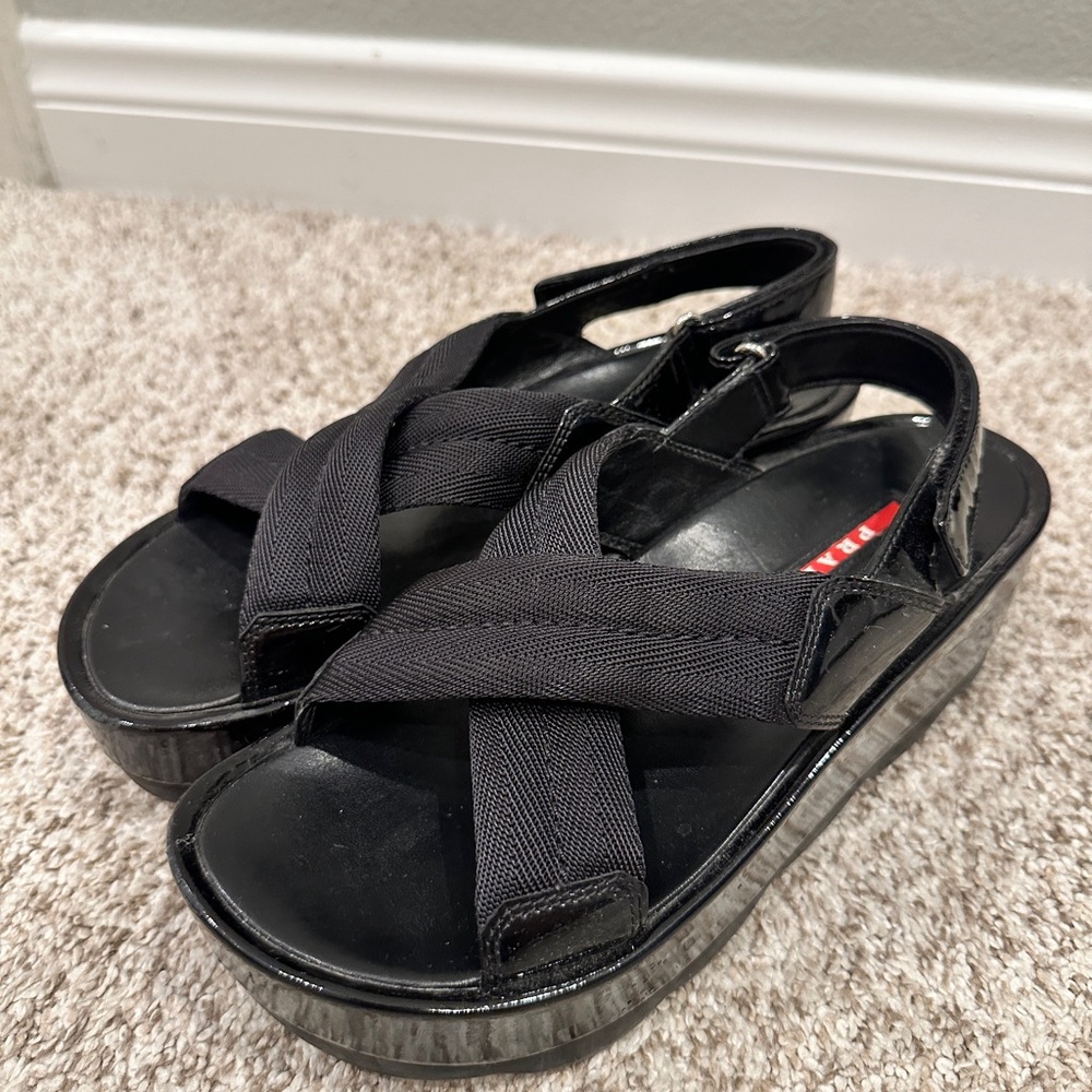 Prada black wedge patent leather sandals